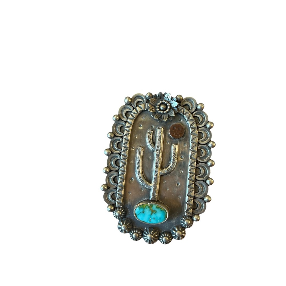 Large Sterling Silver Cactus Pendant with Turquoise Accent and Copper Sun.